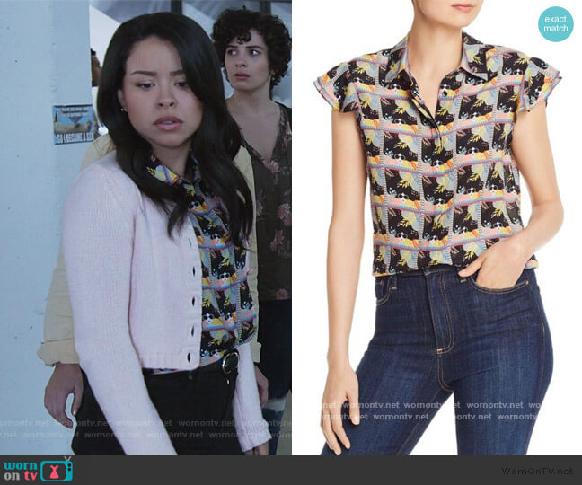 Alice + Olivia Willa Flutter-Sleeve Stace Face Silk Top worn by Mariana Foster (Cierra Ramirez) on Good Trouble