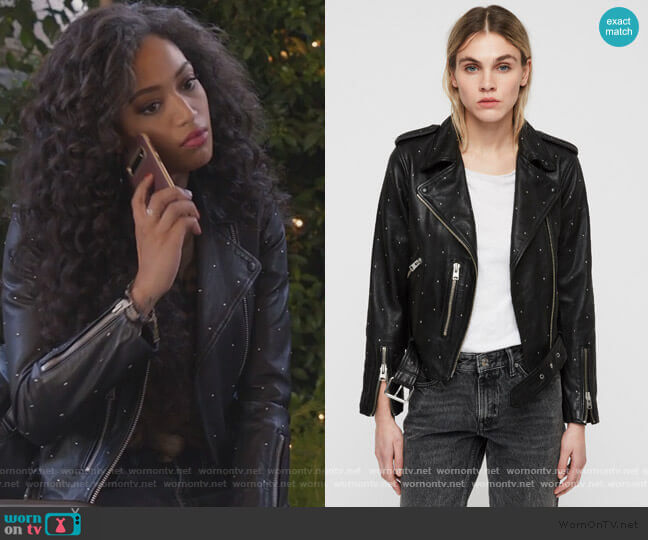 All Saints Balfern Studded Leather Biker Jacket worn by Olivia Baker (Samantha Logan) on All American