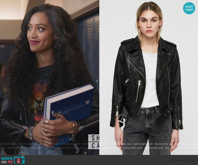 All Saints Balfern Studded Leather Biker Jacket worn by Olivia Baker (Samantha Logan) on All American