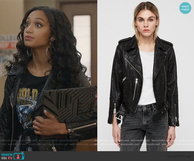 All Saints Balfern Studded Leather Biker Jacket worn by Olivia Baker (Samantha Logan) on All American