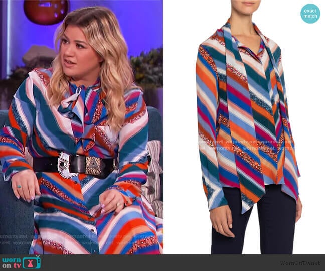 Altuzarra Newberry Chevron-Striped Chiffon Tie-Neck Blouse worn by Kelly Clarkson on The Kelly Clarkson Show