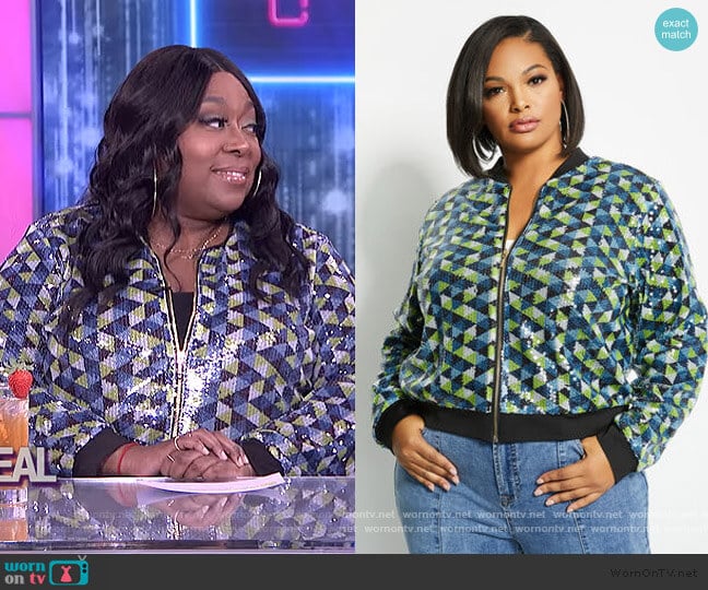 Ashley Stewart Sequin Bomber Jacket worn by Loni Love on The Real