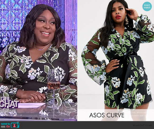 ASOS Embroidered Wrap Mini Dress worn by Loni Love on The Real