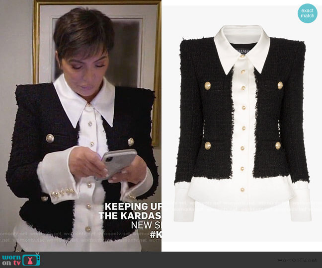 Balmain Tweed And Satin Buttoned Jacket worn by Kris Jenner on Keeping Up with the Kardashians