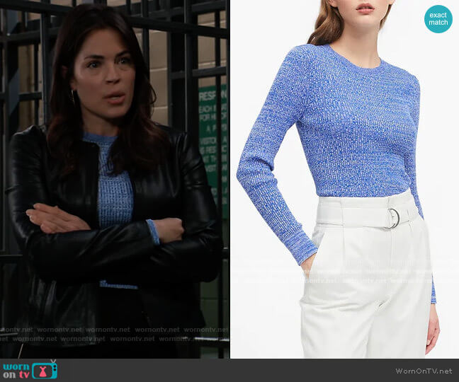 Banana Republic Stretch Cotton Crew-Neck Sweater in Dark Blue Heather worn by Britt Westbourne (Kelly Thiebaud) on General Hospital