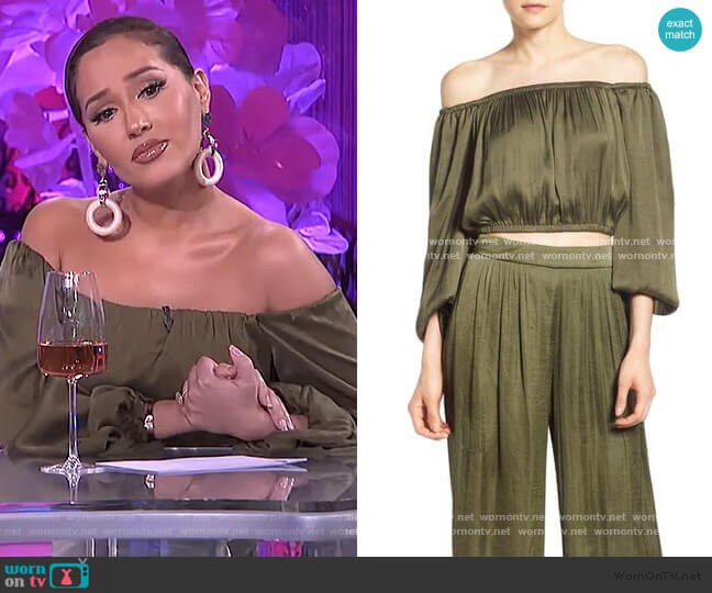 Bardot Olive Off-Shoulder Crop Top worn by Adrienne Houghton on The Real