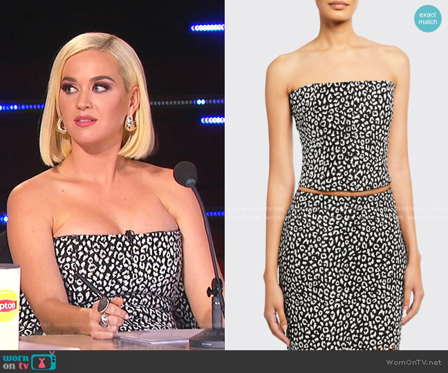 Carmen March Leopard-Print Strapless Crop Top worn by Katy Perry on American Idol