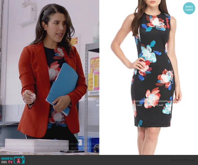 Calvin Klein Black Floral Sheath Dress worn by Shannon Ross (Nicole Power) on Kims Convenience