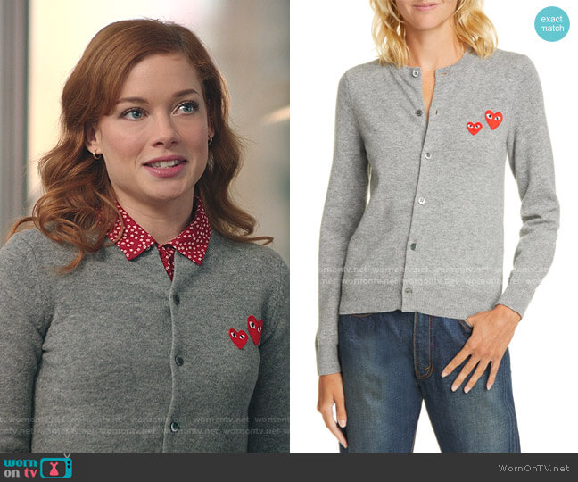 Comme Des Garçons Play Heart Patch Wool Cardigan worn by Zoey Clarke (Jane Levy) on Zoeys Extraordinary Playlist
