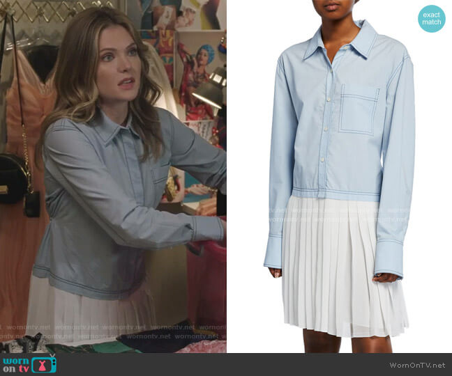 Derek Lam 10 Crosby Long-Sleeve Mixed Media Shirtdress with Pleated Hem worn by Sutton (Meghann Fahy) on The Bold Type