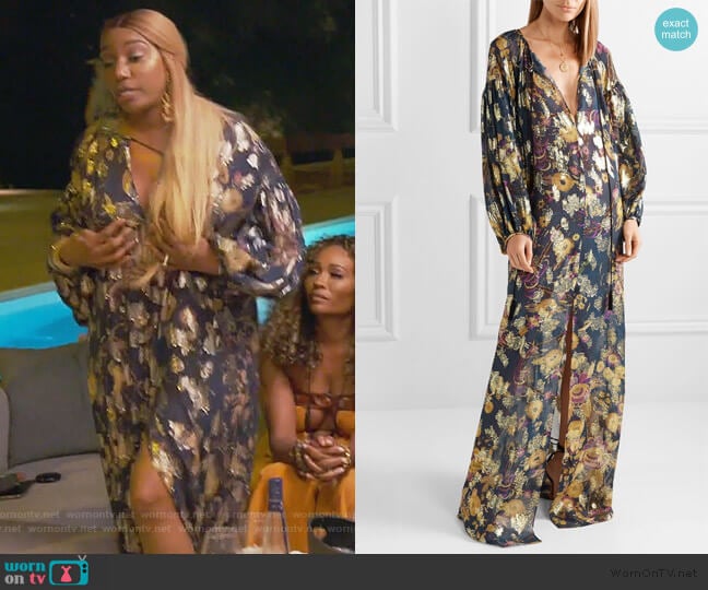 Dundas Metallic fil coupe silk-blend Chiffon Maxi Dress worn by Nene Leakes on The Real Housewives of Atlanta