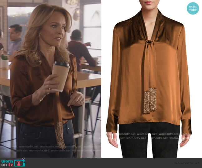 Elie Tahari Kendal Beaded Tie-Neck Silk Blouse worn by Laura Baker (Monet Mazur) on All American