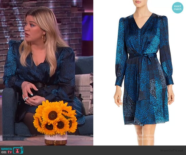 Elie Tahari Silk Leopard Patchwork Print Dress worn by Kelly Clarkson on The Kelly Clarkson Show