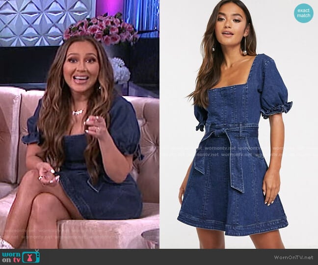 Finders Keepers Miami Denim Mini Dress with Puff Sleeve worn by Adrienne Houghton on The Real