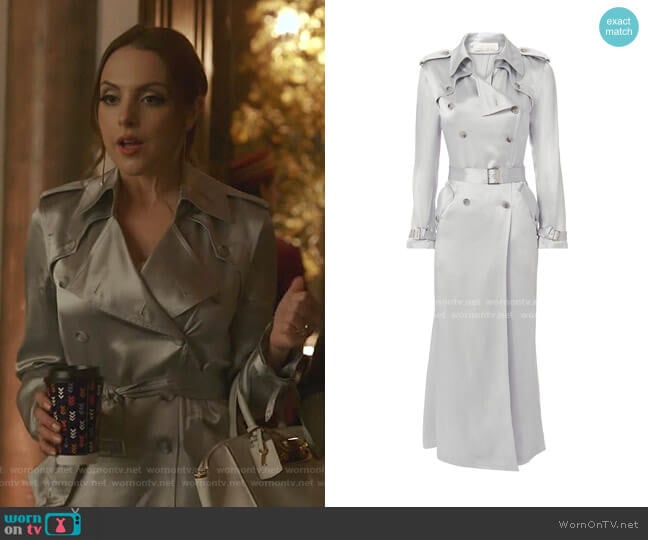 Fleur du Mal Silver Trench Coat worn by Fallon Carrington (Elizabeth Gillies) on Dynasty