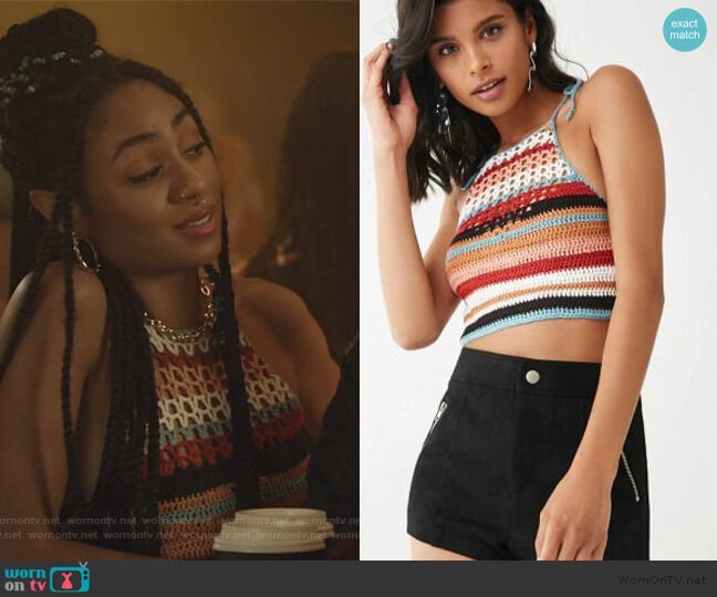 Forever 21 Crochet knit crop top worn by Patience (Chelsea Tavares) on All American