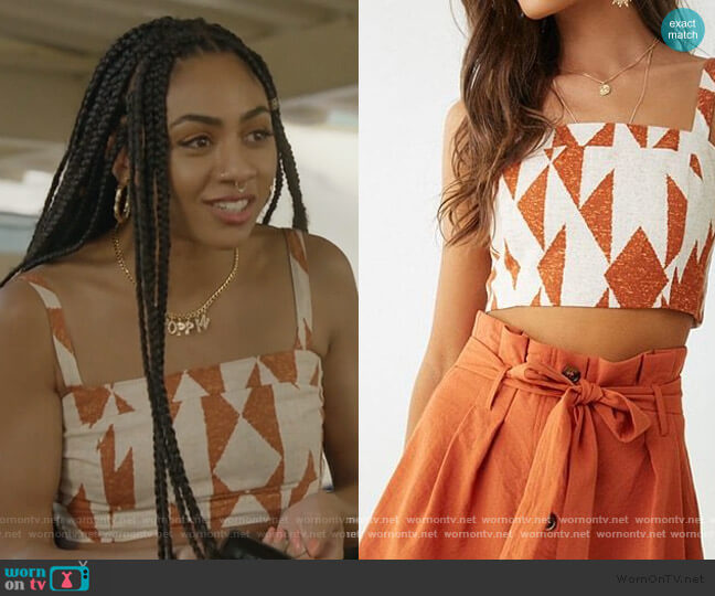 Forever 21 Geo Print Cropped Cami worn by Patience (Chelsea Tavares) on All American