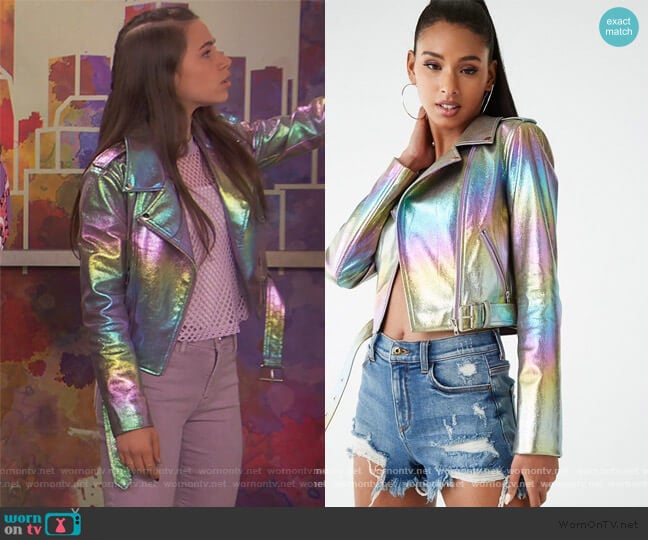 Forever 21 Metallic Moto Jacket worn by Tess O'Malley (Sky Katz) on Ravens Home