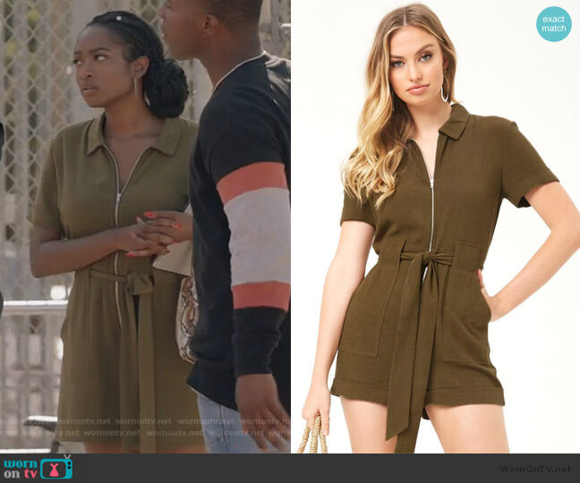 Forever 21 Olive Green Zip Romper worn by Rochelle Mosley (Kayla Smith) on All American