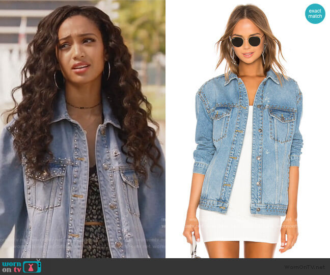 Free People Studded Denim Trucker Jacket worn by Olivia Baker (Samantha Logan) on All American