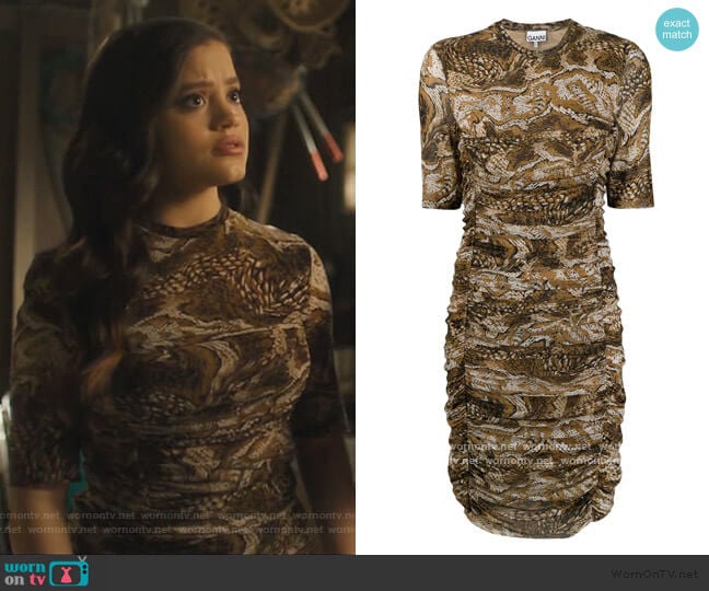 Ganni Ruched Graphic Snake Dress worn by Maggie Vera (Sarah Jeffery) on Charmed
