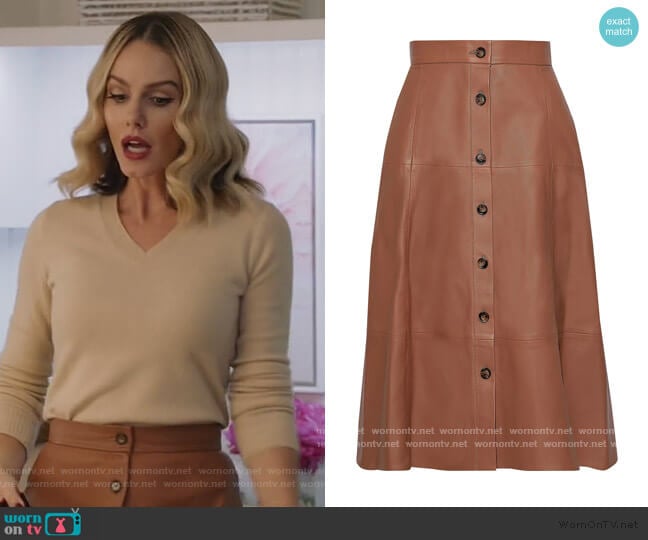 Iris & Ink Tianna leather midi skirt worn by Laura Baker (Monet Mazur) on All American