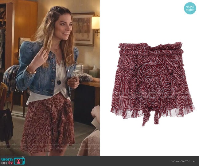 Isabel Marant Pleated Chiffon Silk Melissa Skirt In Rust worn by Alexis Rose (Annie Murphy) on Schitts Creek