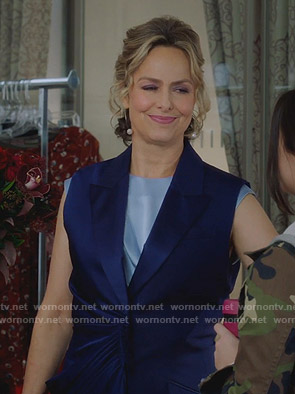 Jacqueline’s blue asymmetric satin vest on The Bold Type