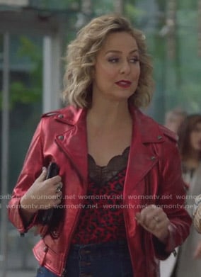 Jacqueline’s red leopard cami and metallic moto jacket on The Bold Type