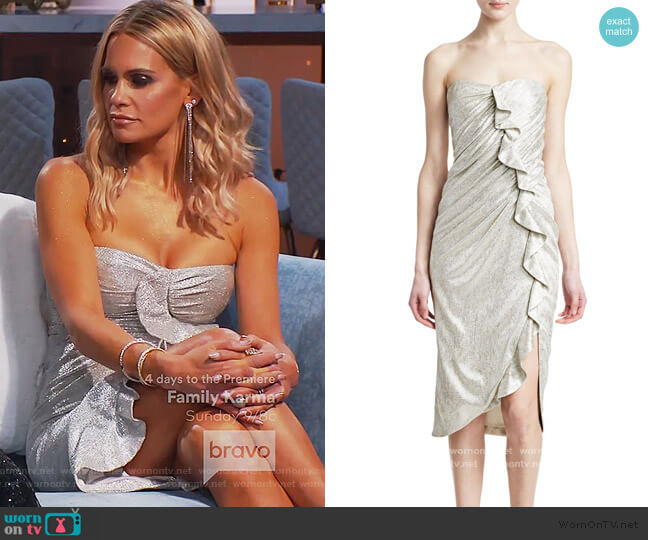 Jonathan Simkhai Plisse Lamé Ruffled Bustier Dress worn by Jackie Goldschneider on The Real Housewives of New Jersey