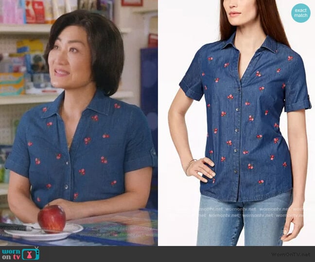 Karen Scott Floral-Embroidered Short-Sleeve Shirt worn by Mrs Kim (Jean Yoon) on Kims Convenience