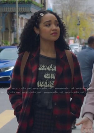 Kat’s grey rock n roll tee and plaid coat on The Bold Type
