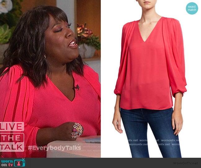 Kobi Halperin Camryn V-Neck Draped Sleeve Silk Blouse worn by Sheryl Underwood on The Talk