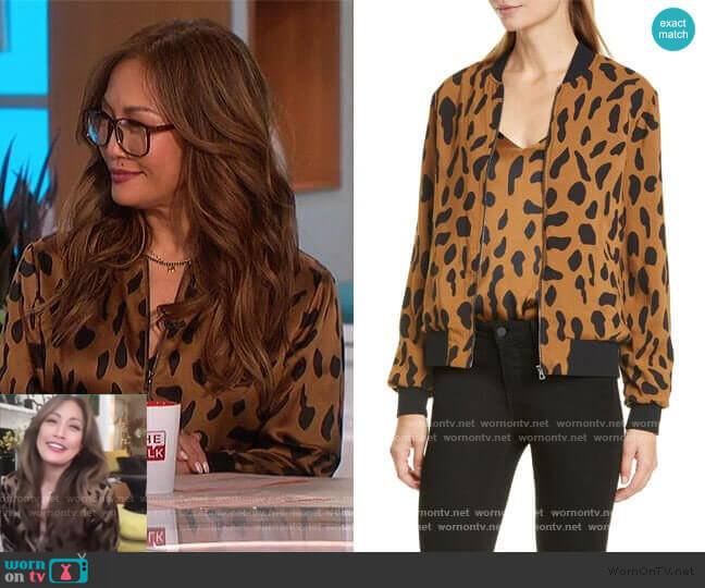 L'Agence Ollie Printed Silk Bomber Jacket worn by Carrie Inaba on The Talk