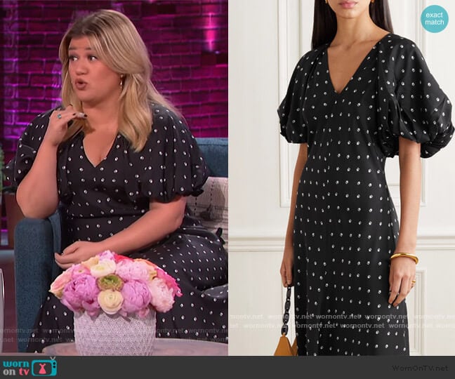 Lee Mathews Roxie floral-print silk-satin maxi dress worn by Kelly Clarkson on The Kelly Clarkson Show