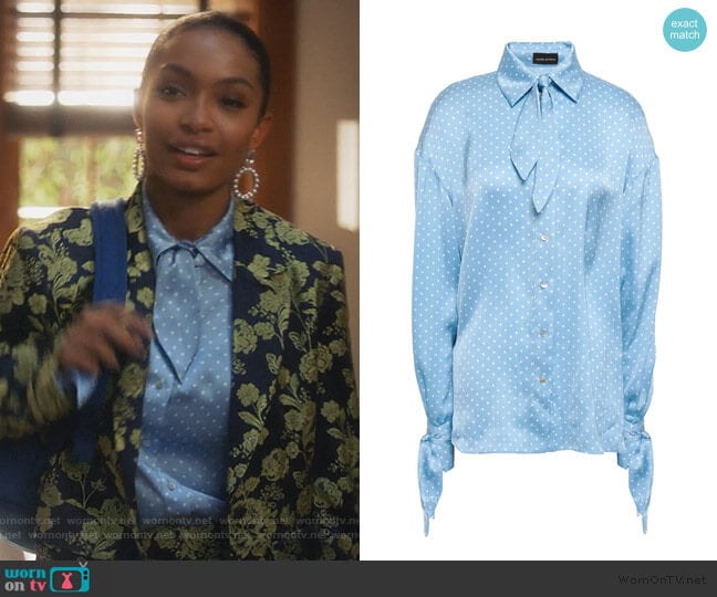 Magda Butrym Knotted Polka-dot Satin Shirt worn by Zoey Johnson (Yara Shahidi) on Grown-ish