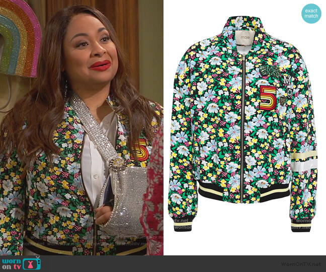 Maje Bikael floral-print crepe Bomber Jacket worn by Raven Baxter (Raven-Symoné) on Ravens Home