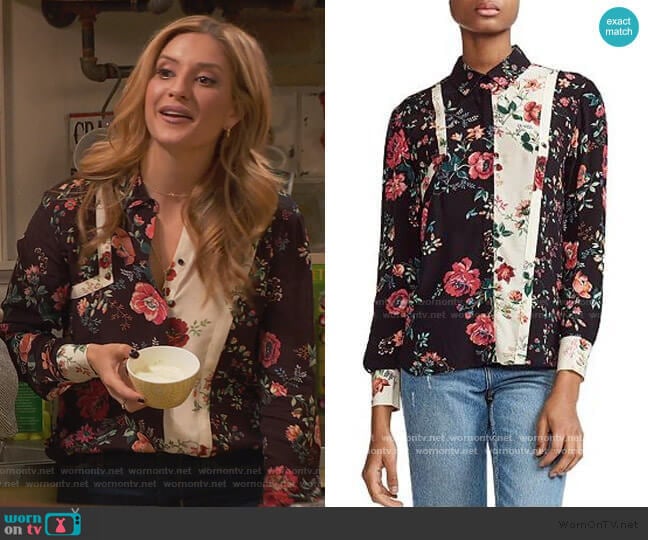 Maje Ciller Patchwork Floral Print Shirt worn by Chelsea Grayson (Anneliese van der Pol) on Ravens Home