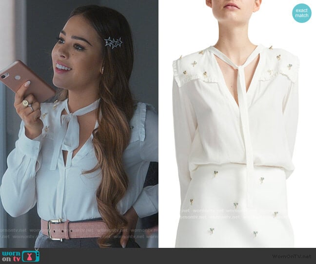 Maje Palm Tree Embellished Tie Neck Shirt worn by Lucrecia Motesinos (Danna Paola) on Elite