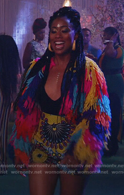 Malika’s rainbow shaggy jacket on Good Trouble