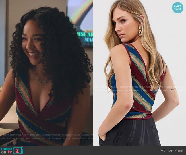Mango Striped V Neck Top in Multi worn by Kat Edison (Aisha Dee) on The Bold Type