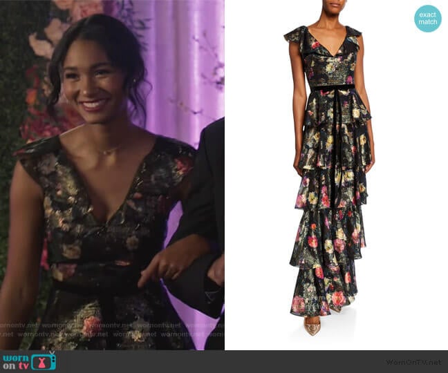 Marchesa Notte Metallic Printed Tiered Fil Coupe Ruffle Gown worn by Layla Keating (Greta Onieogou) on All American
