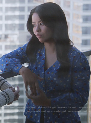 Mariana’s blue floral v-neck top on Good Trouble