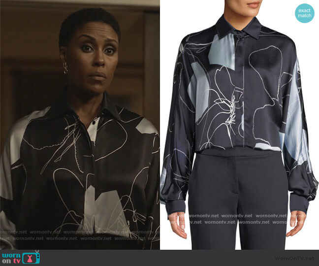Max Mara Renna Abstract-Print Silk Button-Front Blouse worn by Lynn Stewart (Christine Adams) on Black Lightning