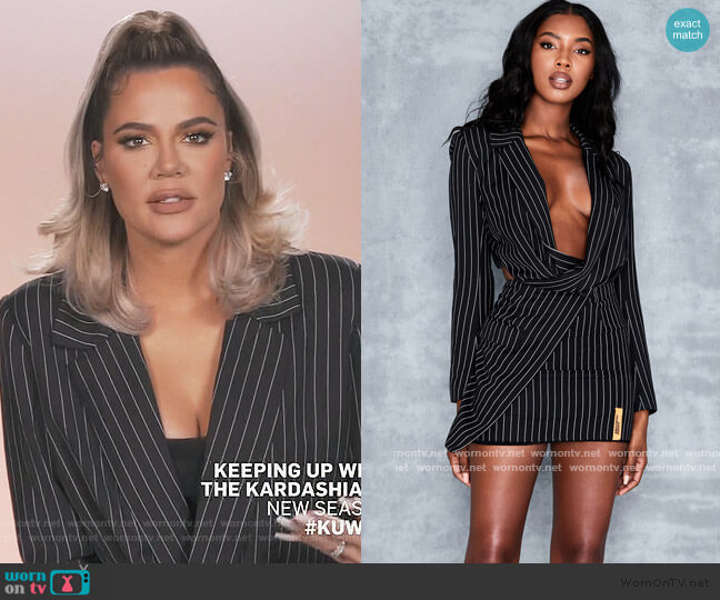 Mistress Rocks Dictate Pinstripe Draped Jacket worn by Khloe Kardashian on Keeping Up with the Kardashians