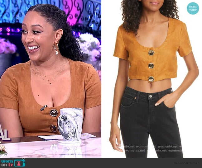 Nicholas Lou Linen Crop Top worn by Tamera Mowry on The Real