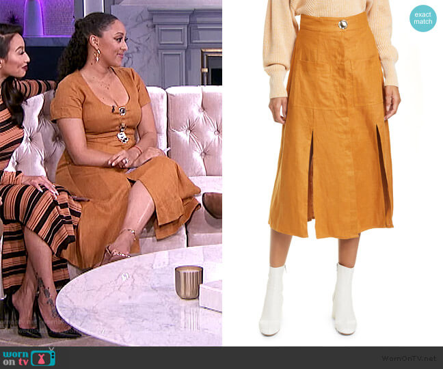 Nicholas Masala linen midi skirt worn by Tamera Mowry on The Real