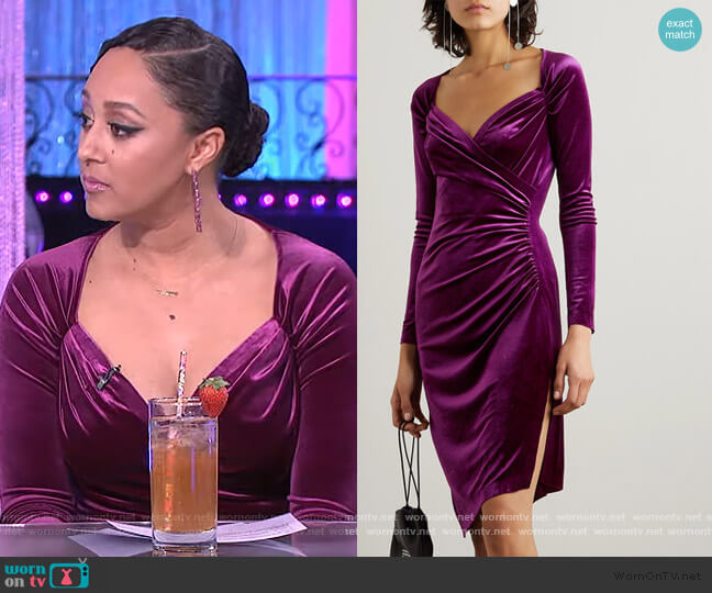 Norma Kamali Asymmetric wrap-effect ruched stretch-velvet dress worn by Tamera Mowry on The Real