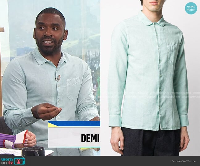 Officine Generale Crinkled Linen-Blend Shirt worn by Justin Sylvester on E! News