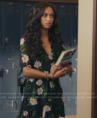 Olivia’s black floral v-neck dress on All American